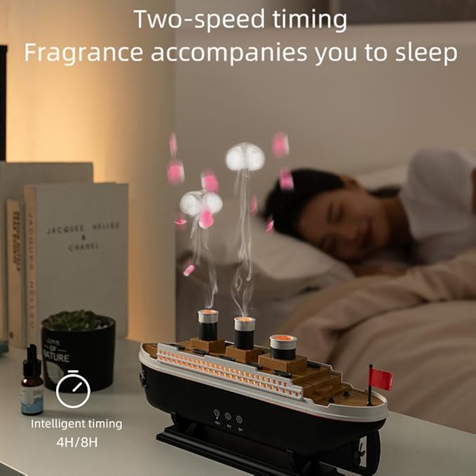 Essential Oil Diffuser, 250ml Ship Modelling Aromatherapy Ship Oil Diffuser Cool Mist Humidifier with Remote Control, Remote 2 Spray Mode Auto Shut-Off, 7 Color LED Light for Home Office(Black)