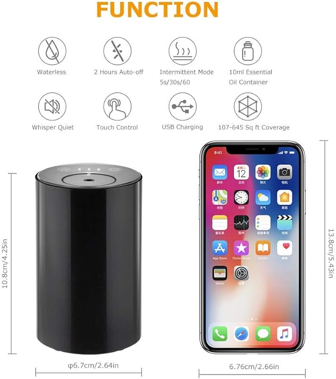 Waterless Essential Oil Diffuser, Portable Nebulizer with 3 Intensity Levels, Battery Powered for Car Home Office (White)