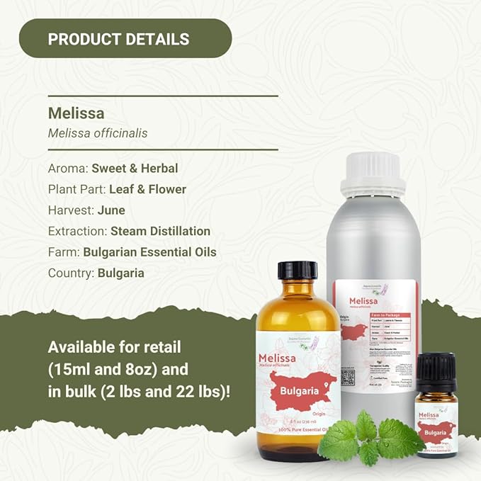 Melissa Essential Oil - Direct from Bulgarian Essential Oils in Bulgaria - Pure Essential Oil for Diffusers and Aromatherapy | 100% Pure Therapeutic Grade (2LBS)