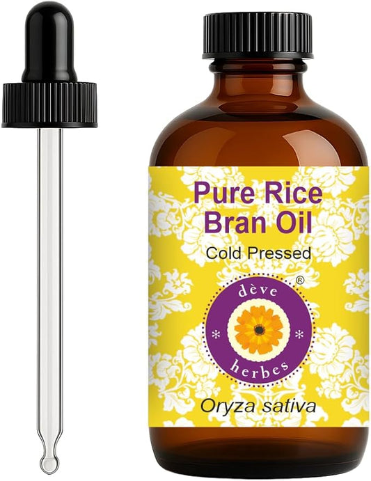 dève herbes Rice Bran Oil (Oryza sativa) with Glass Dropper | Cold Pressed | Pure | Natural | For Diluting Essential oils | For Hair, Skin & Massage | Non-Sticky| Lightweight| Unisex | 120ml (4 oz)