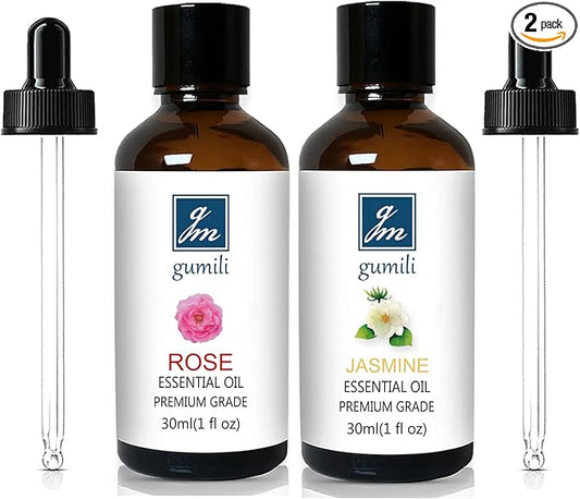 GM Gumili Rose Essential Oil and Jasemine Essential Oil, Floral Scent Oils Home Fragrance Oils for Diffuser Perfume Candle Soap Making - 2 Oz, Pack of 2