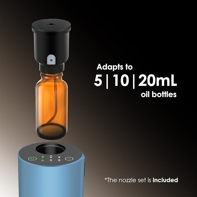 Waterless Essential Oil Diffuser, 7 Colors LED Light, Battery Powered Mini Scent Air Machine, Aromatherapy Mist Diffuser for Home Room Car Office，Black Aluminum Alloy (Blue)