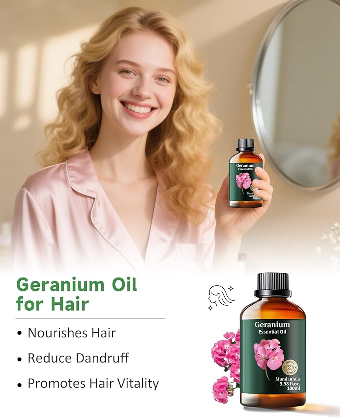 Geranium Essential Oil, Mumianhua Pure Rose Geranium Oil for Balanced Skin & Mood Harmony, Floral Relaxation Oil for Diffuser, Night Routine & DIY Skin, Hair, 3.38 Fl Oz