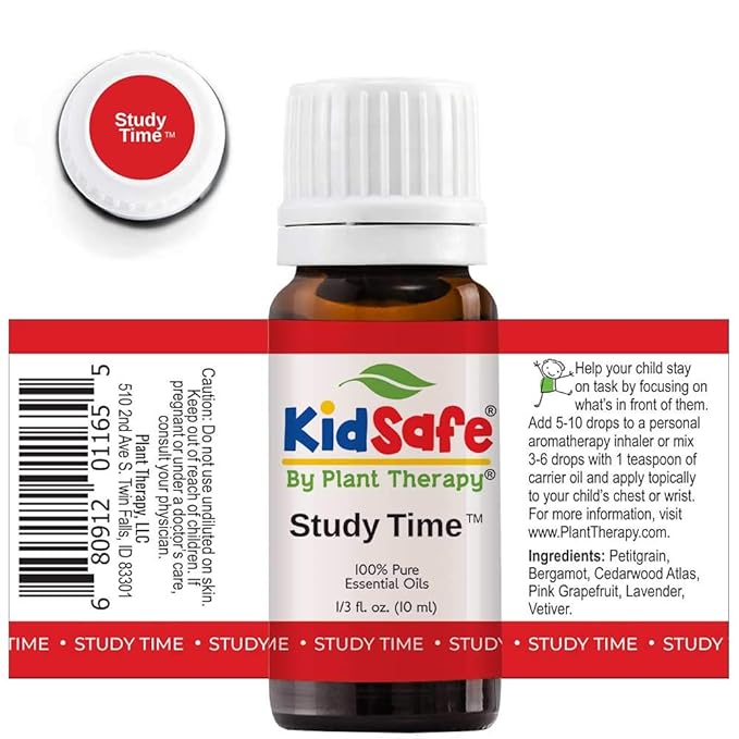 Plant Therapy KidSafe Study Time Essential Oil Blend 10 mL (1/3 oz), 100% Pure, Undiluted, Aromatherapy for Focus, Mind Calming, Concentration Blend for Kids