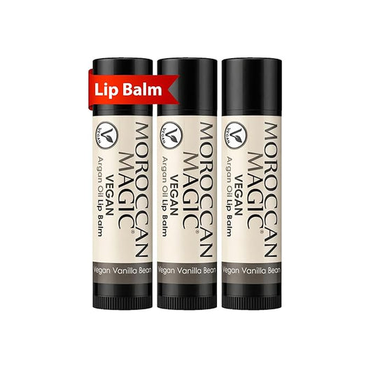 Moroccan Magic Vegan Vanilla Lip Balm 3 Pack | Ultra-Hydrating Argan & Essential Oil Lip Moisturizer + Vitamin E | Natural Chapstick for Dry Lips | Organic Ingredients | Lip Balms & Moisturizers