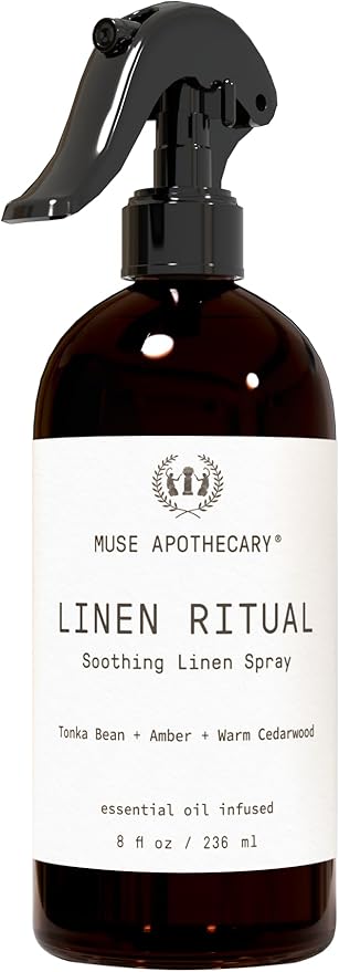 Muse Apothecary Linen Ritual - Aromatic, Soothing, and Relaxing Linen Mist, Laundry and Fabric Spray - Infused with Aromatherapy Essential Oils - 8 oz, Tonka Bean + Amber + Warm Cedarwood
