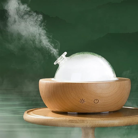 Glass Essential Oil Diffuser with Real Wood Base, 180ml Aromatherapy Diffuser with 2 Mist Modes, 7 Colors LED Light Ultrasonic Cool Mist Humidifier for Home and Office