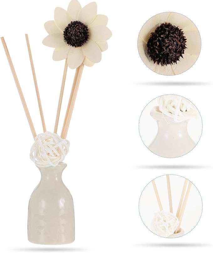 Lurrose Rattan Reed Diffuser Set with Ceramic Vase Lavender Essential Oil Scented Oil Aromatherapy Home Air Purification Fragrance for Living Room and Bathroom