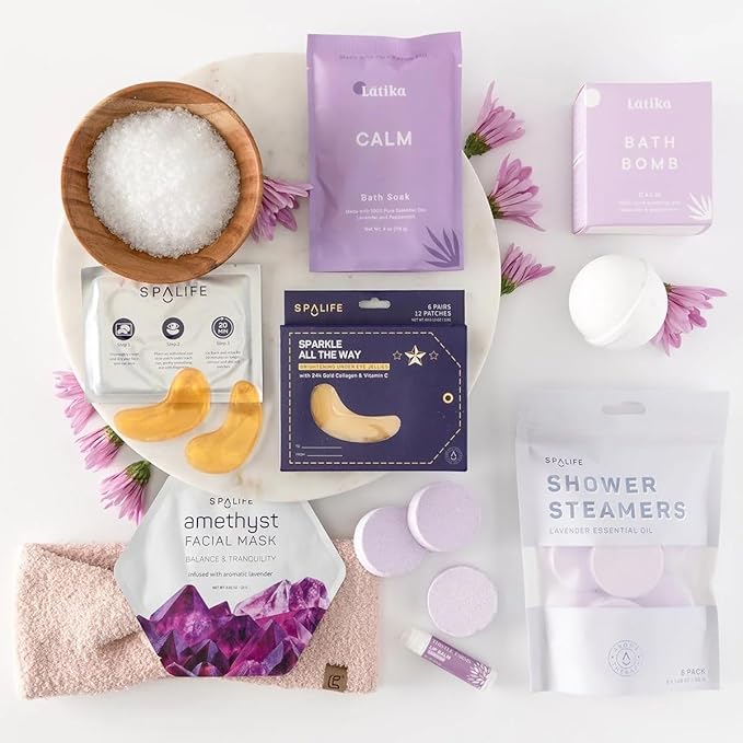 Vienna Lavender Self-Care Spa Gift Set, 7-Piece Relaxation Kit with Bath Essentials, Black Gift Box (8-Piece Set)