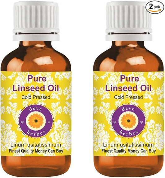 Deve Herbes Linseed Oil (Linum usitatissimum) | Cold Pressed | Pure | Natural | Undiluted | for Diluting Essential Oils | for Skin & Massage | Non-Sticky| Lightweight| Men & Women | 30ml X 2 (2 oz)