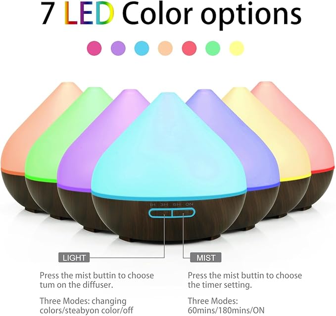 Essential Oil Diffuser, Wood Ultrasonic Cool Mist Humidifier, Ambient Night Light, 400ml Waterless Auto-Off, for Home,Bedroom,Office (Dark Wood)