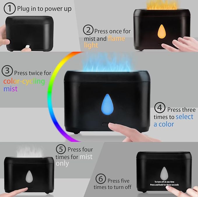 Flame Diffuser for Essential Oils, 200ml Ultrasonic Aroma Diffusers with Cool Mist, Aromatherapy Diffuser with Auto-Off Protection, Small Humidifier for Home,Office,Bedroom,Gift (7 Colors Black)