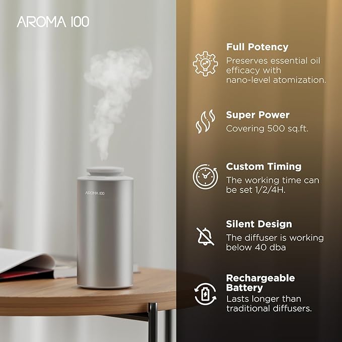 Waterless Diffuser for Essential Oil, 500sq.ft Coverage Battery Operated Nebulizer Rechargeable Mini Scent Diffusers for Home Cars Room Office 3 Timers & 3 Mist Levels
