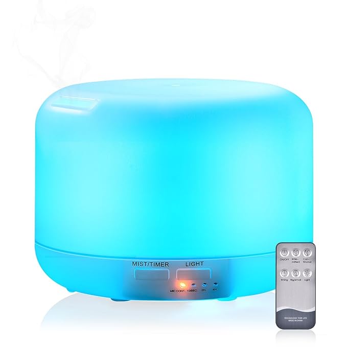BERZ 300ml Aroma Essential Oil Diffuser Ultrasonic Air Humidifier with AUTO Shut off and 6-7 HOURS Continuous Diffusing - 7 Color Changing LED Lights and 4 Timer Settings