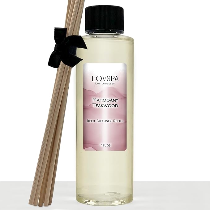 LOVSPA Mahogany Teakwood Diffuser Oil - Luxury Essential Oils for Diffuser Refill & Air Freshener Room Spray - Long-Lasting & Natural Home Fragrance, Scented Oil for Diffusers, USA Made, 4oz