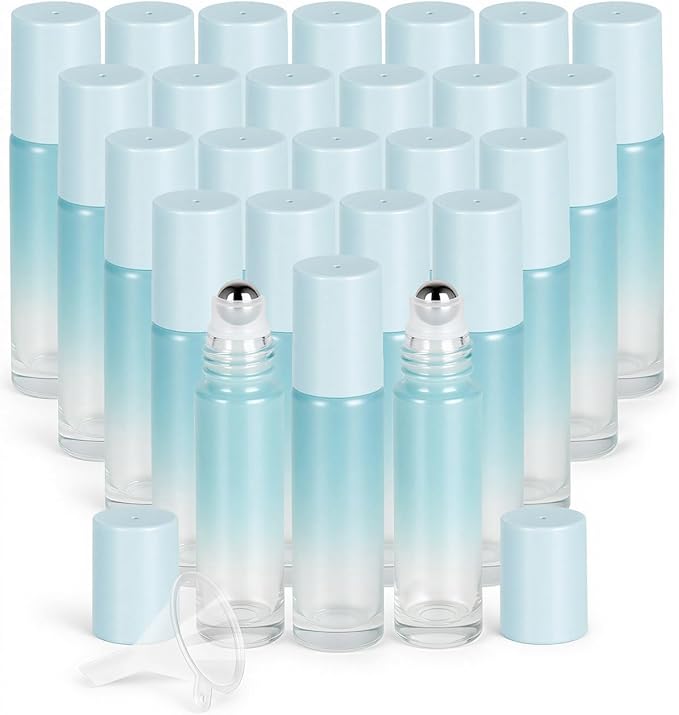 Worldgsb 25 Pack Essential Oil Roller Bottles, 10ml Refillable Glass Roller Bottles with Stainless Steel Roller Balls and Caps for Travel, Perfume and Lip Gloss Blue Gradient