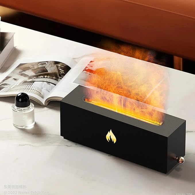 Flame Air Diffuser 3D Fireplace Appearance Multi Colored Fire Automatic Power Off 320ml Silent Flame Mist Air Humidifier for Bedroom Office (Black)