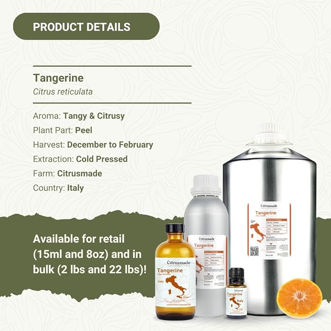 Tangerine Essential Oil - Direct from Citrusmade Italy - Cold Pressed - Aceite Esencial de Mandarina for Aromatherapy, Massage, Diffuser, DIY Candle and Soap Making - 22lbs