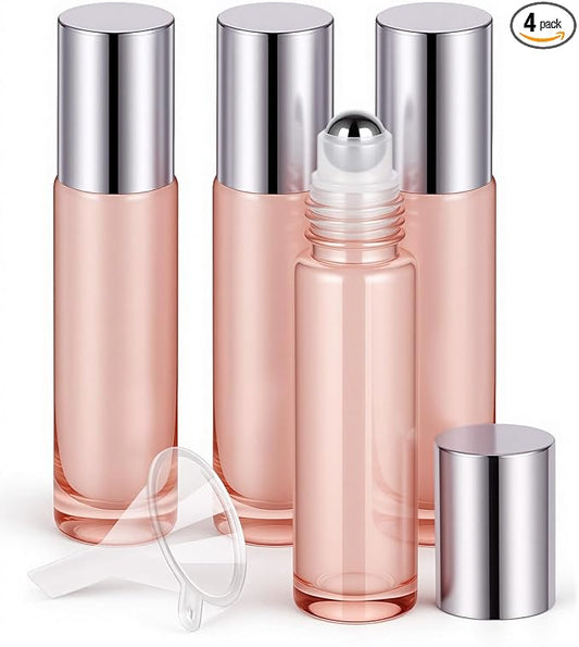 Worldgsb 4 Pack Essential Oil Roller Bottles, 10ml Refillable Glass Roller Bottles with Stainless Steel Roller Balls and Caps for Travel, Perfume and Lip Gloss Rose Gold
