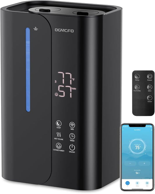 OGACFO 5L Cool Mist Humidifiers for Bedroom Large Room, Top Fill Ultrasonic Smart Air Humidifier for Baby & Plants with Essential Oil Diffuser, 50H Runtime 28 dB Quiet Baby Humidifier