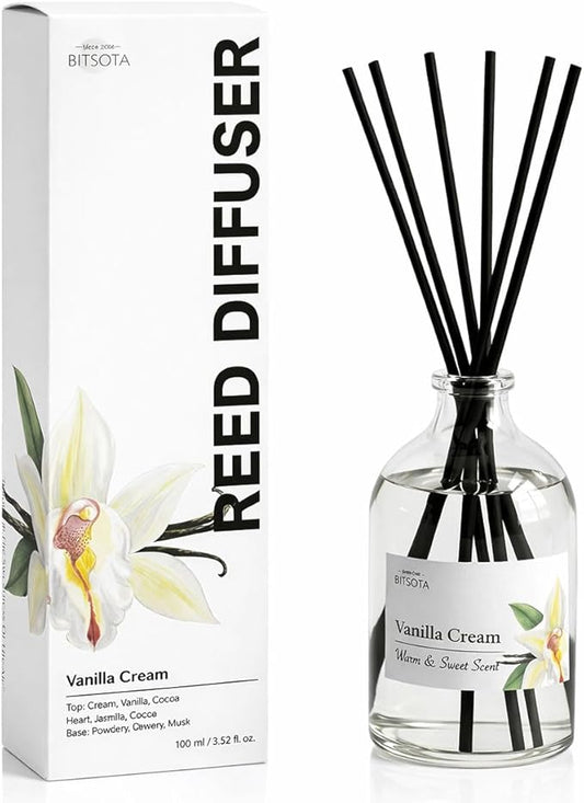 Reed Diffuser Set for Bathroom & Home, Long Lasting Essential Oil Aroma, Glass Bottle Home Fragrance with Sticks, Ideal Gift for Woman, 3.52oz (100ml) (Vanilla Cream)