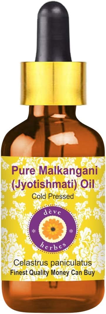 Deve Herbes Jyotishmati Oil (Celastrus paniculatus) with Glass Dropper | Cold Pressed | Pure | Natural | for Diluting Essential Oils | Skin & Massage | Non-Sticky| Lightweight| Unisex | 30ml (1 oz)
