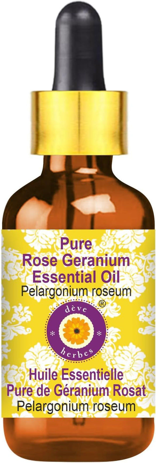 Deve Herbes Pure Rose Geranium Essential Oil (Pelargonium roseum) with Glass Dropper Steam Distilled 5ml (0.16 oz)