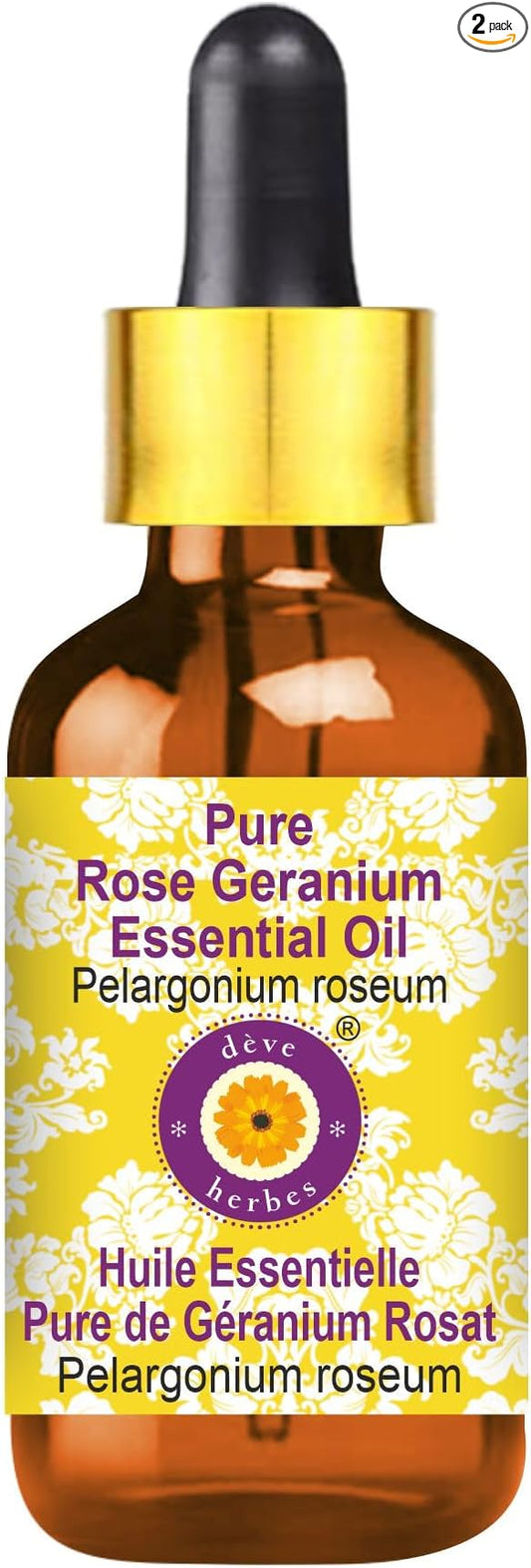 Deve Herbes Pure Rose Geranium Essential Oil (Pelargonium roseum) with Glass Dropper Steam Distilled 15ml (0.50 oz)
