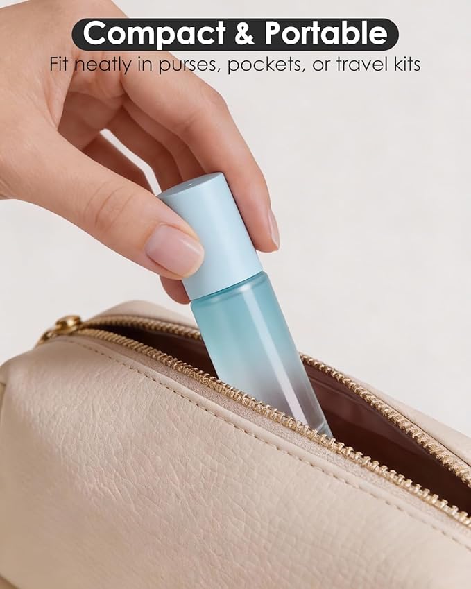Worldgsb 25 Pack Essential Oil Roller Bottles, 10ml Refillable Glass Roller Bottles with Stainless Steel Roller Balls and Caps for Travel, Perfume and Lip Gloss Blue Gradient