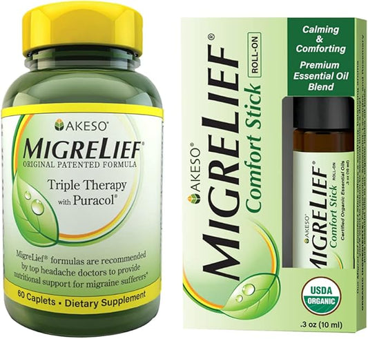 Nutritional Support & Comfort Kit for Migraine Sufferers - MigreLief Original Daily Triple Therapy Formula, Plus MigreLief Comfort Stick Essential Oils Roll-On (10ml) - 1 Month Supply.
