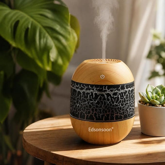 Essential Oil Diffuser for Home, Ultrasonic Aroma Diffuser with Volcano LED Light, Wood Grain Mini USB Cool Mist Humidifier, Quiet Aromatherapy for Bedroom & Office (Black)