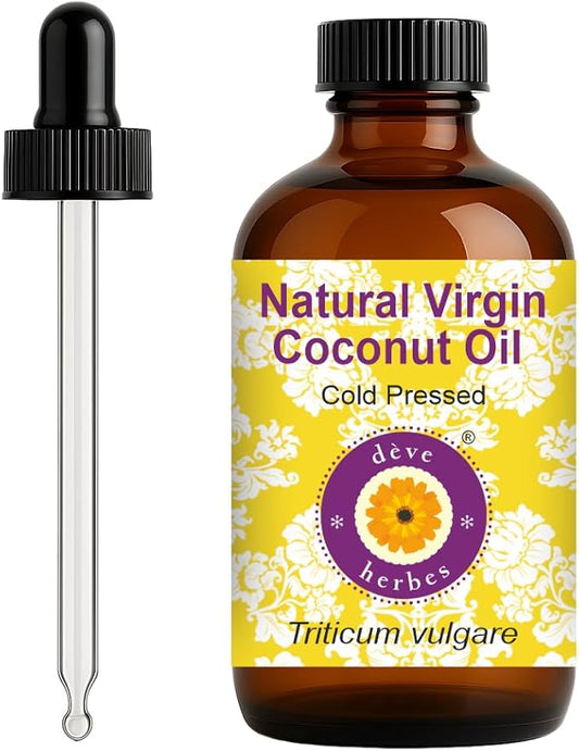 dève herbes Virgin Coconut Oil (Cocos nucifera) with Glass Dropper | Cold Pressed | Pure | Natural | For Diluting Essential oils | Hair, Skin & Massage | Non-Sticky| Lightweight| Unisex | 120ml (4 oz)