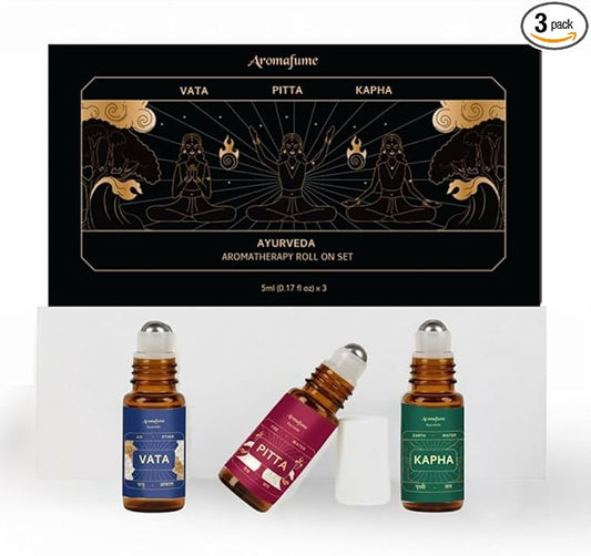 Ayurveda Essential Oil Roll On Blend Assorted Set | Vata,Pitta,Kapha Balancing Roll on Perfume Oils | Use for Aromatherapy, Relaxation Set | Reiki, Yoga & Stress Relief Gifts | 5ml | Aromafume