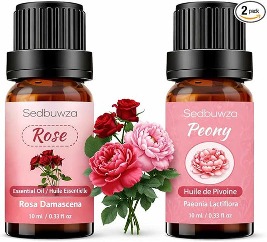 Sedbuwza Rose Peony Essential Oil Set, Rose Fragrance Oil Peony Scent Oil Set for Diffuser, Aromatherapy, Massage, Soap, Candle Making 2 x 10 ml