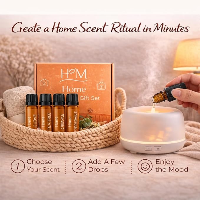 HM Home Essential Oil Gift Set, 4 Pack - Clove, Peppermint, Tea Tree & Orange - Aromatherapy Oils for Diffuser, Humidifier, Home Fragrance, Housewarming & Self Care Gifts - 10 mL Each