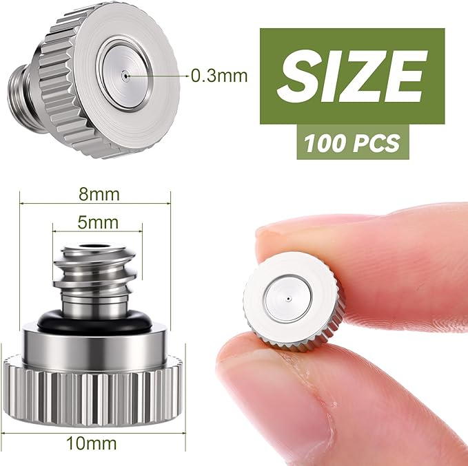 Zhengmy 100 Pcs 0.3mm Brass Misting Nozzles, Mister Nozzles Brass for Outdoor Cooling System Orifice 10/24 UNC Replacement Heads for Outdoor Cooling System(Silver)