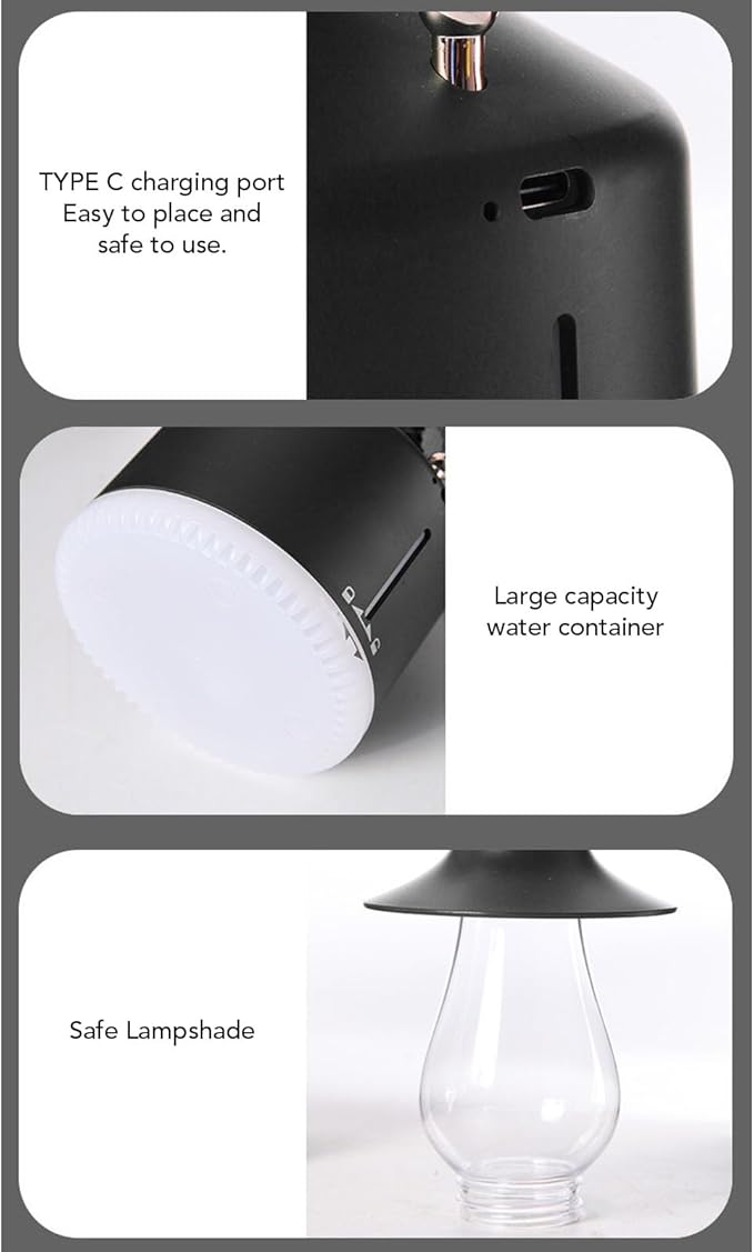Vintage Humidifier, Essential Oil Diffuser, USB Rechargeable, Portable Lamp Humidifier, for Home Bedroom Camping (Black)