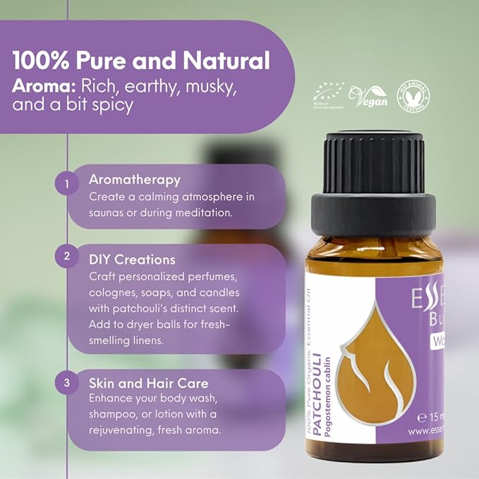 Essences Bulgaria Organic Patchouli Essential Oil 0.51 Fl Oz 15ml Pogostemon cablin - 100% Pure Natural Undiluted Therapeutic Grade for Aromatherapy Diffuser Sauna, DIY Perfume, Soap and Candle Making