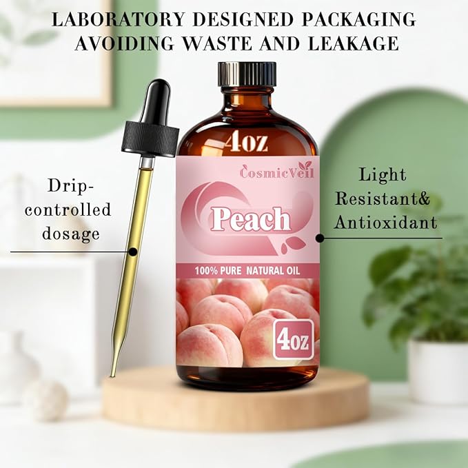 Peach Essential Oil Peach Oil for Aroma Diffuser,Humidifier,Home Fragrance,Cleaning,Body Care,Massage,Yoga,DIY Candle,DIY Soap CosmicVeil（Peach，4 Fl Oz (Pack of 1)）