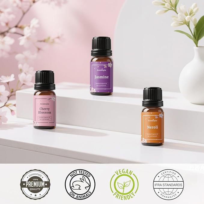 Flowers Fragrance Oils, Aromtopia Floral Essential Oils for Diffusers for Home, 6x10ml, Fragrance Oil for Soap Candle Making, Lavender, Rose, Gardenia, Cherry Blossom, Jasmine, Neroli