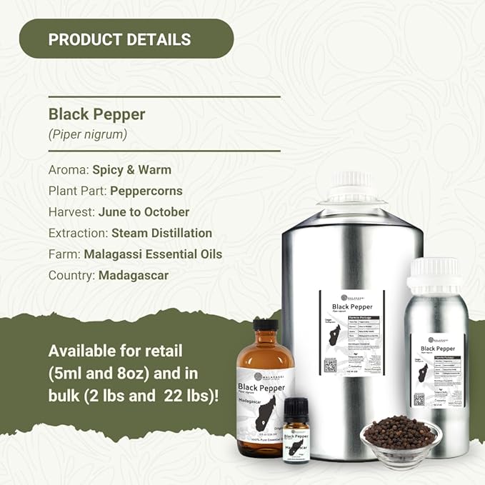 Black Pepper Essential Oil - Direct from Madagascar Farms - Steam Distilled - Aceite Pimienta Negra for Aromatherapy, Massage, Diffuser, DIY Candle and Soap Making - 8oz