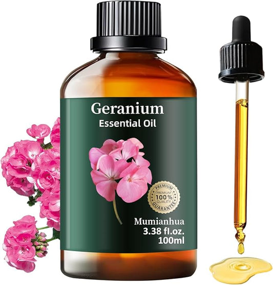 Geranium Essential Oil, Mumianhua Pure Rose Geranium Oil for Balanced Skin & Mood Harmony, Floral Relaxation Oil for Diffuser, Night Routine & DIY Skin, Hair, 3.38 Fl Oz