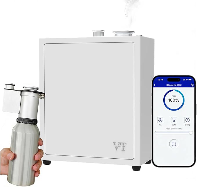 4000 Sq.Ft HVAC Smart Scent Diffuser for Home All-Metal Material. Suitable for Large residences, Hotels or Offices. Capacity 500 ml. Supports Bluetooth APP Control.