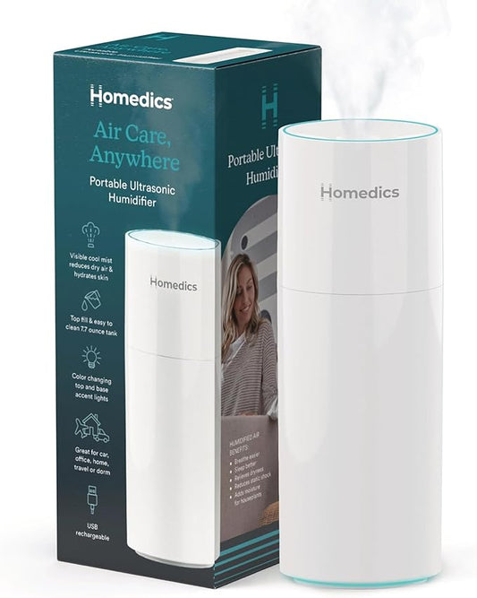 Homedics Portable Humidifier – Small Ultrasonic Cool Mist Humidifier for Bedroom, Desk & Travel, Mini Personal Humidifier, 7.7 oz Tank, Auto Shutoff, Night Light, Rechargeable (Gloss White)