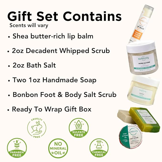 Sumbody USA Made Mini Self Care Gift Set - (6pcs) Men Women Teens All Natural Aromatherapy Body Care Set Skin Care Box, Spa Baskets, Relaxation, Pampering, Mothers Day Graduation Teacher Appreciation