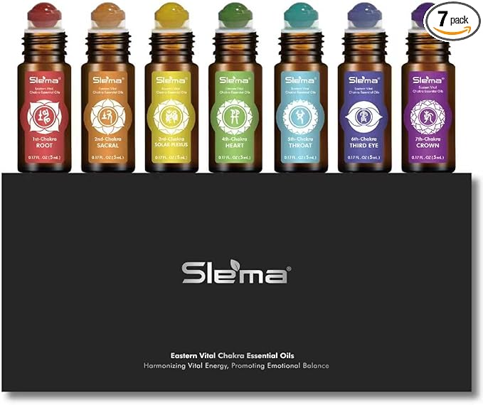 Slema 7 Chakra Essential Oil Roller Gift Set - 7x5ml with Natural Crystal & Jade Rollerballs, Plant-Based Blends for Meditation, Yoga (5mlx7)