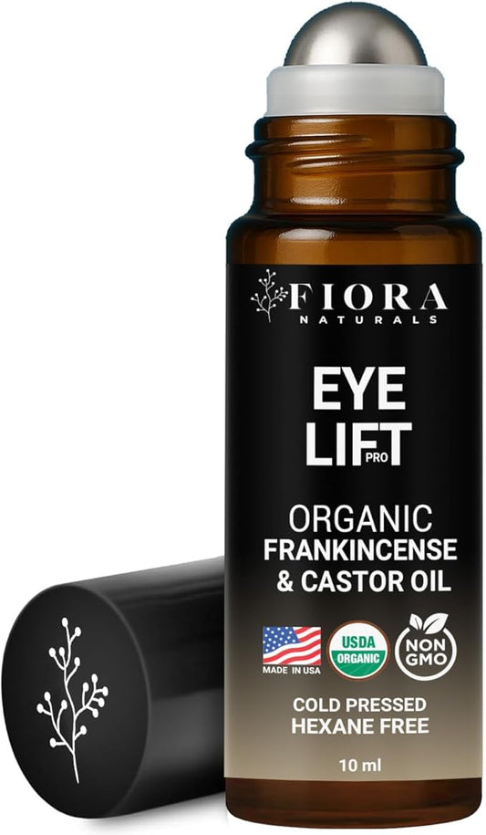 Organic Castor Oil and Frankincense Roll On – 100% Pure Hexane Free Eye Oil for Under Eye, Reduces Wrinkles, Dark Circles & Puffiness, Frankincense Essential Oil for Face Roller by Fiora Naturals