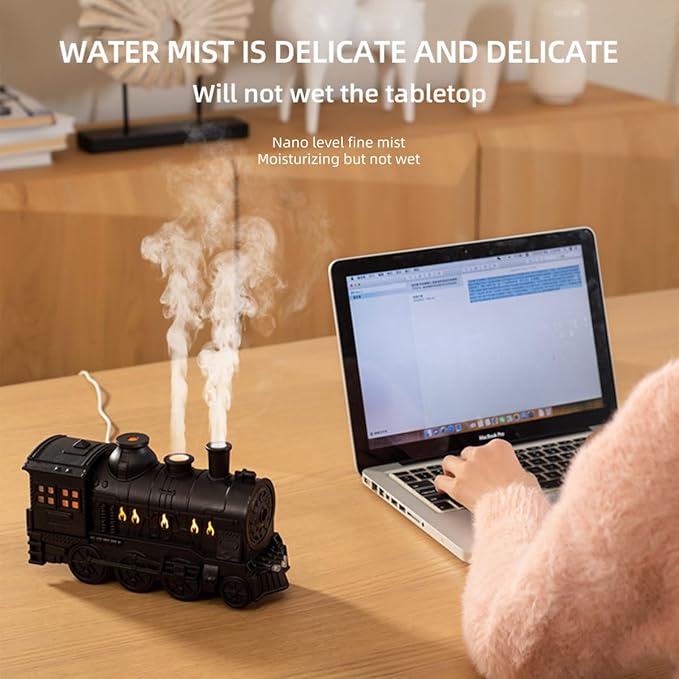 Train Shaped Essential Oil Diffuser, 300ml Vintage Steam Train Aromatherapy Essential Oil Diffuser Humidifier with Dual-Color LED Light and 2 Mist Modes, for Bedroom Office Desktop