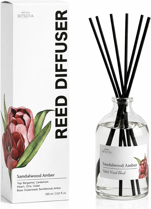 Reed Diffuser Set for Bathroom & Home, Long Lasting Essential Oil Aroma, Glass Bottle Home Fragrance with Sticks, Ideal Gift for Woman, 3.52oz (100ml) (Sandalwood Amber)