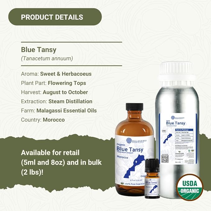 Organic Blue Tansy Essential Oil Direct from Malagassi Essential Oils - Ideal in Face Oil - Organic Blue Tansy for Candle Making and Soap Making (5 mL)